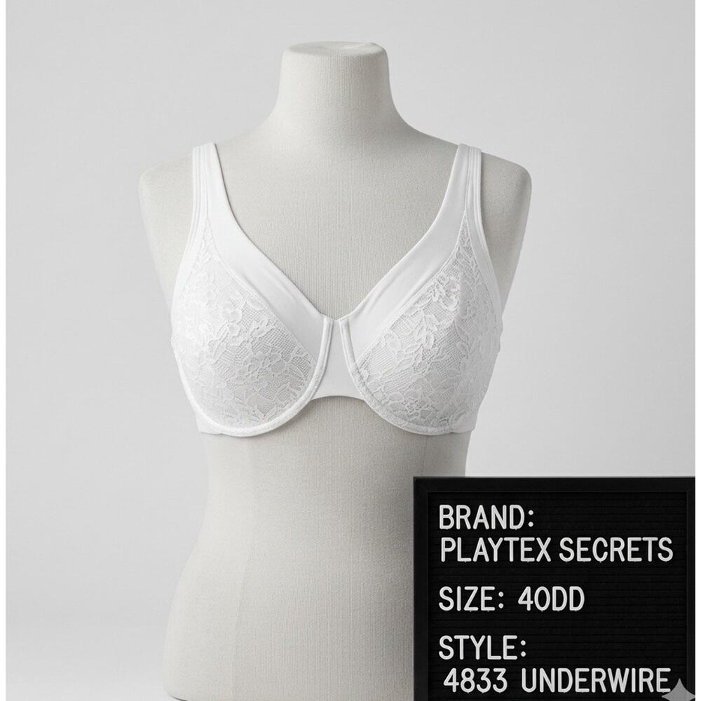 Playtex Secrets 40DD Bra 4833 White Lace Back Smoothing No Poke Underwire